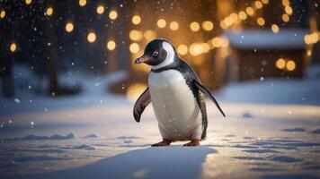 A solitary penguin stands in a snowy landscape with soft lights in the background. photo