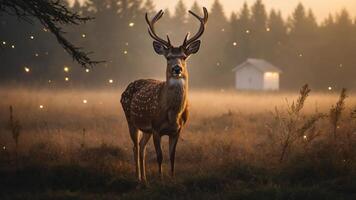 A serene deer stands in a misty field at dawn, surrounded by soft light and nature. photo