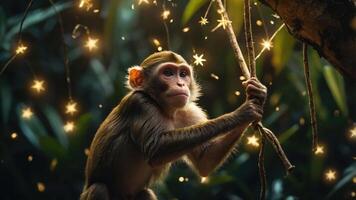 A monkey holding a branch surrounded by glowing stars in a lush environment. photo