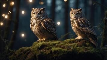 Two owls perched on a mossy rock in a forest, surrounded by soft glowing lights. photo