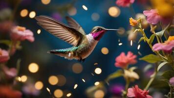 A vibrant hummingbird hovering amidst colorful flowers and soft bokeh lights. photo