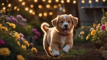 A playful puppy runs through a flower garden, illuminated by soft lights. photo