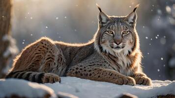A lynx resting in a snowy landscape, showcasing its striking features and serene environment. photo