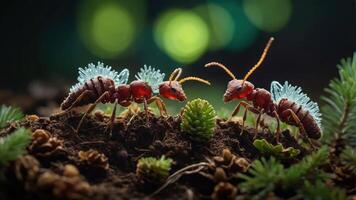 Two ants interact in a forest setting with a blurred green background. photo