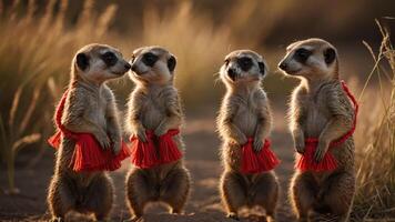 Four meerkats wearing red skirts in a playful pose against a natural background. photo