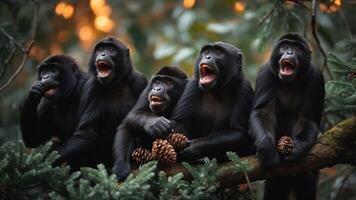 A group of five monkeys on a branch, expressing excitement with open mouths and holding pine cones. photo