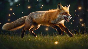 A vibrant fox running through grass with sparkles in a magical setting. photo
