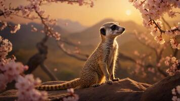 A meerkat sits gracefully among cherry blossoms at sunset, creating a serene atmosphere. photo