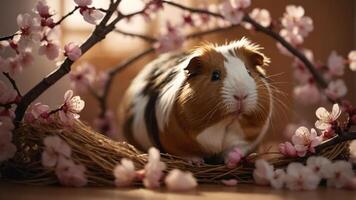 A guinea pig rests among cherry blossoms, creating a serene and charming atmosphere. photo