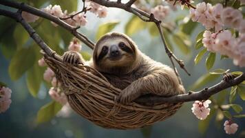 A sloth relaxing in a nest on a branch surrounded by pink flowers. photo