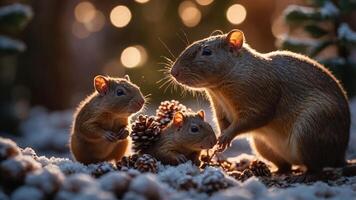 Three small rodents gather around pine cones in a serene, softly lit winter setting. photo