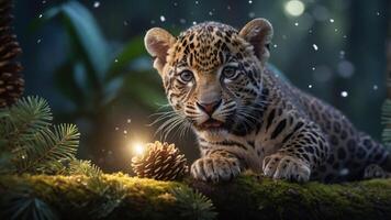 A close-up of a leopard cub in a forest, surrounded by snow and pinecones. photo