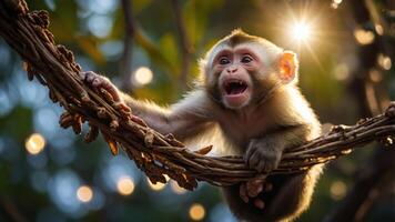 A playful monkey on a branch, expressing excitement with a glowing background. photo