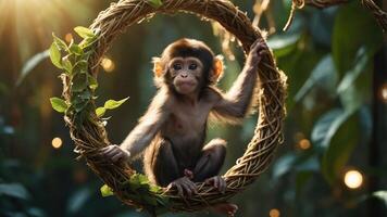 A young monkey sitting in a circular vine frame surrounded by lush greenery and soft light. photo