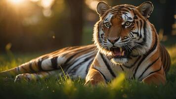 A majestic tiger resting in grass, illuminated by soft sunlight. photo