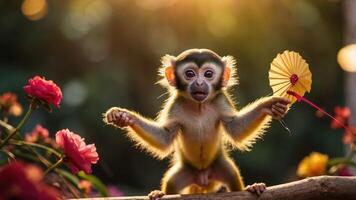 A playful monkey holds a small fan surrounded by colorful flowers in a warm, sunny setting. photo