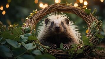 A hedgehog peeks through a circular vine frame, surrounded by greenery and soft lights. photo