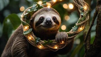 A sloth playfully poses with a decorative wreath of lights and greenery. photo