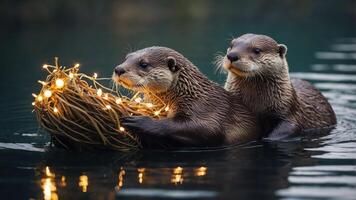 Two otters playfully holding a nest of lights in a serene water setting. photo
