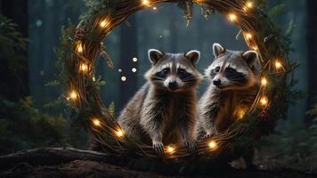 Two raccoons framed by a festive wreath with lights in a forest setting. photo