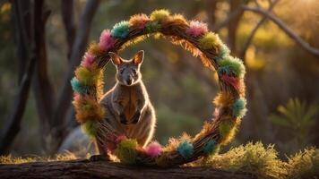 A kangaroo poses playfully within a colorful wreath in a natural setting. photo