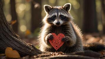 A raccoon holds a red heart-shaped cutout in a forest setting, conveying a message of love. photo