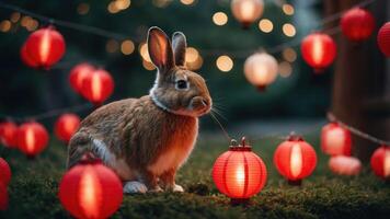 A rabbit surrounded by glowing red lanterns, creating a festive atmosphere. photo