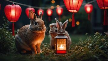 Two rabbits near a lantern surrounded by glowing red lanterns in a serene setting. photo