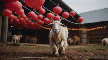 A goat runs in a barn decorated with red lanterns, creating a festive atmosphere. photo