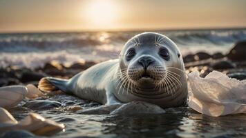 A seal resting on a beach with ocean waves and plastic waste in the background. photo