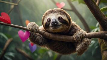 A sloth hanging on a branch surrounded by colorful heart decorations in a lush environment. photo