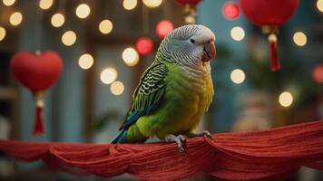 A colorful parakeet perched on a decorative railing with festive lights in the background. photo