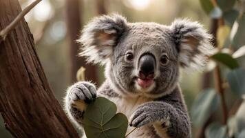 A close-up of a koala holding a leaf, showcasing its playful expression in a natural setting. photo