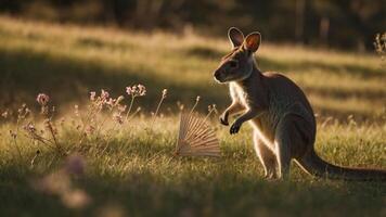 A kangaroo stands in a sunlit field surrounded by flowers, capturing a serene moment in nature. photo