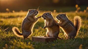 Three squirrels interacting playfully in a sunlit grassy field. photo