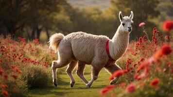 A llama trots through a flower-filled pathway, exuding charm and playfulness. photo
