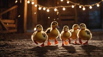 Five adorable ducklings walking in a barn illuminated by warm string lights. photo