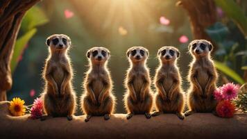 A group of five meerkats standing on a log surrounded by flowers and soft lighting. photo