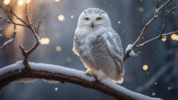 A snowy owl perched on a branch in a serene winter landscape with soft bokeh lights. photo