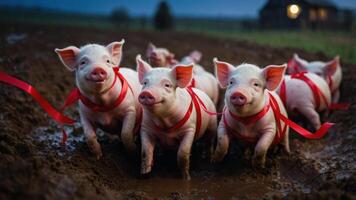 Playful piglets running in a muddy field, each wearing a red ribbon. photo