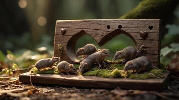 A wooden display features small mice interacting in a forest setting. photo