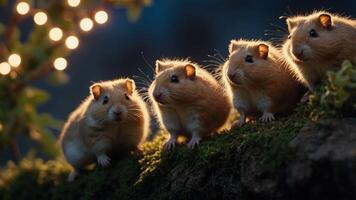 Four hamsters sitting on a mossy log with soft lights in the background. photo