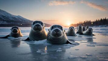 A group of seals resting on ice with a sunset backdrop. photo