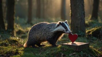 A badger interacting with a heart symbol in a serene forest setting. photo