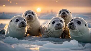 A group of playful seals basking on ice during sunset. photo