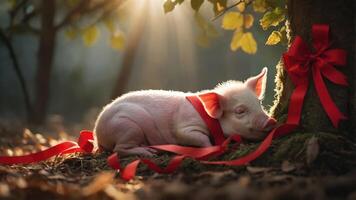 A piglet resting beside a tree, adorned with red ribbons in a serene forest setting. photo