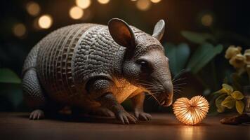 A charming armadillo beside a glowing heart-shaped object in a serene setting. photo