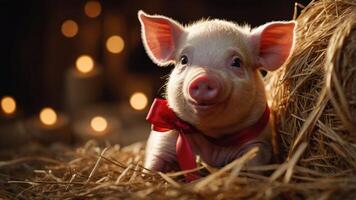 A cute piglet with a red bow resting on straw, surrounded by soft, warm lights. photo
