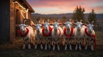 A group of goats adorned with red ribbons poses in front of a rustic barn at sunset. photo