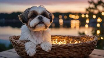 A Shih Tzu resting in a basket with fairy lights against a scenic sunset background. photo